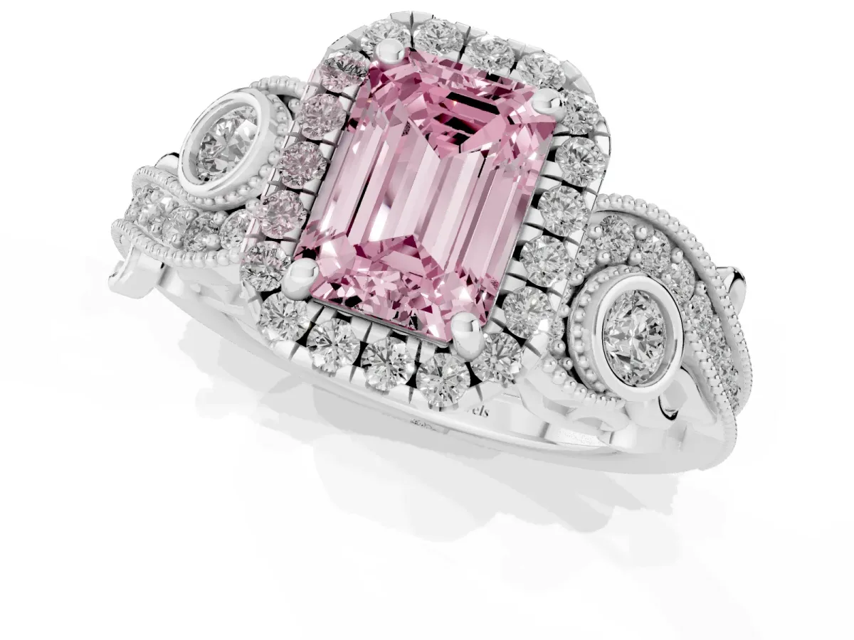 Fancy Pink Emerald Cut Halo Diamond Ring with Milgrain and Bezel Accents on a Split Shank Band White gold
