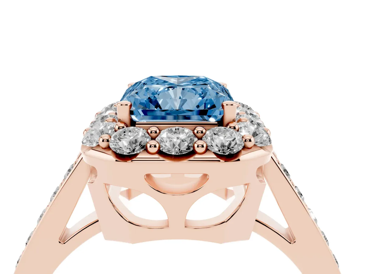 Fancy Blue Radiant Cut Diamond Floral Halo Ring with Pavé Band and Prong Setting Rose gold