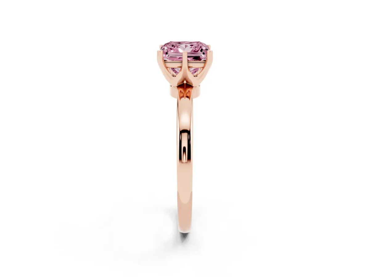 Fancy Pink Princess Cut Solitaire Diamond Ring with Six-Prong Setting on a Classic Band Rose gold