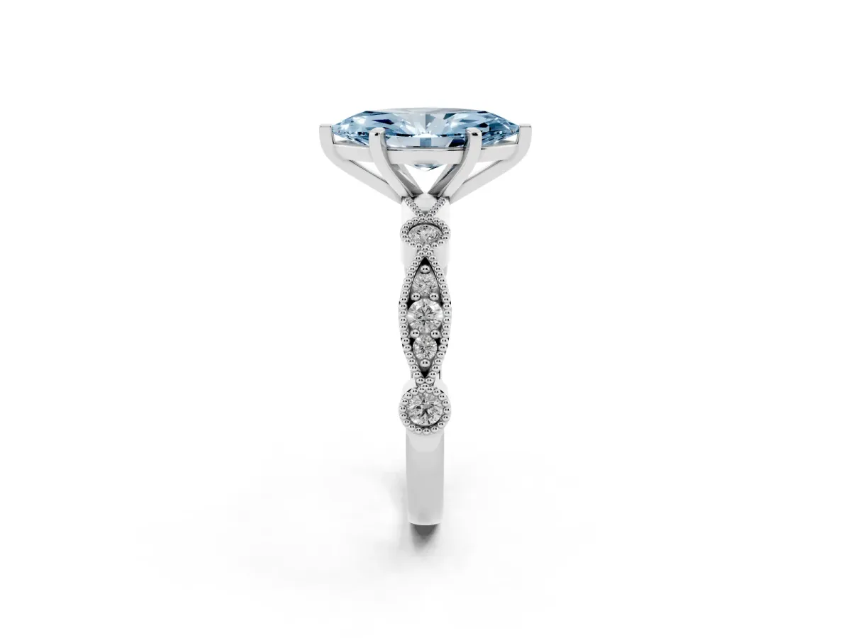 Fancy Blue Marquise Cut Milgrain Bezel Diamond Engagement Ring with Solitaire Prong Setting Silver