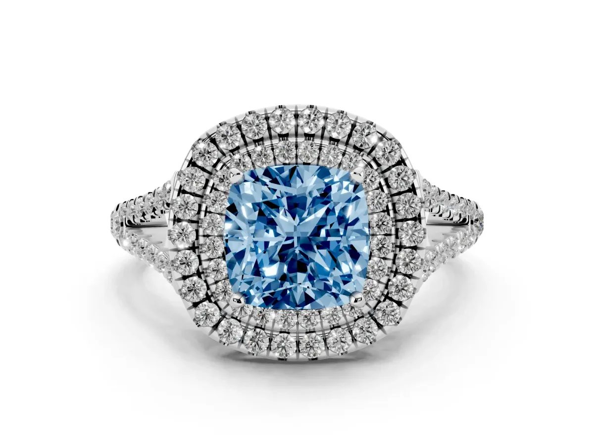 Fancy Blue Cushion Cut Diamond Double Halo Ring with Pavé Band and Prong Setting Silver