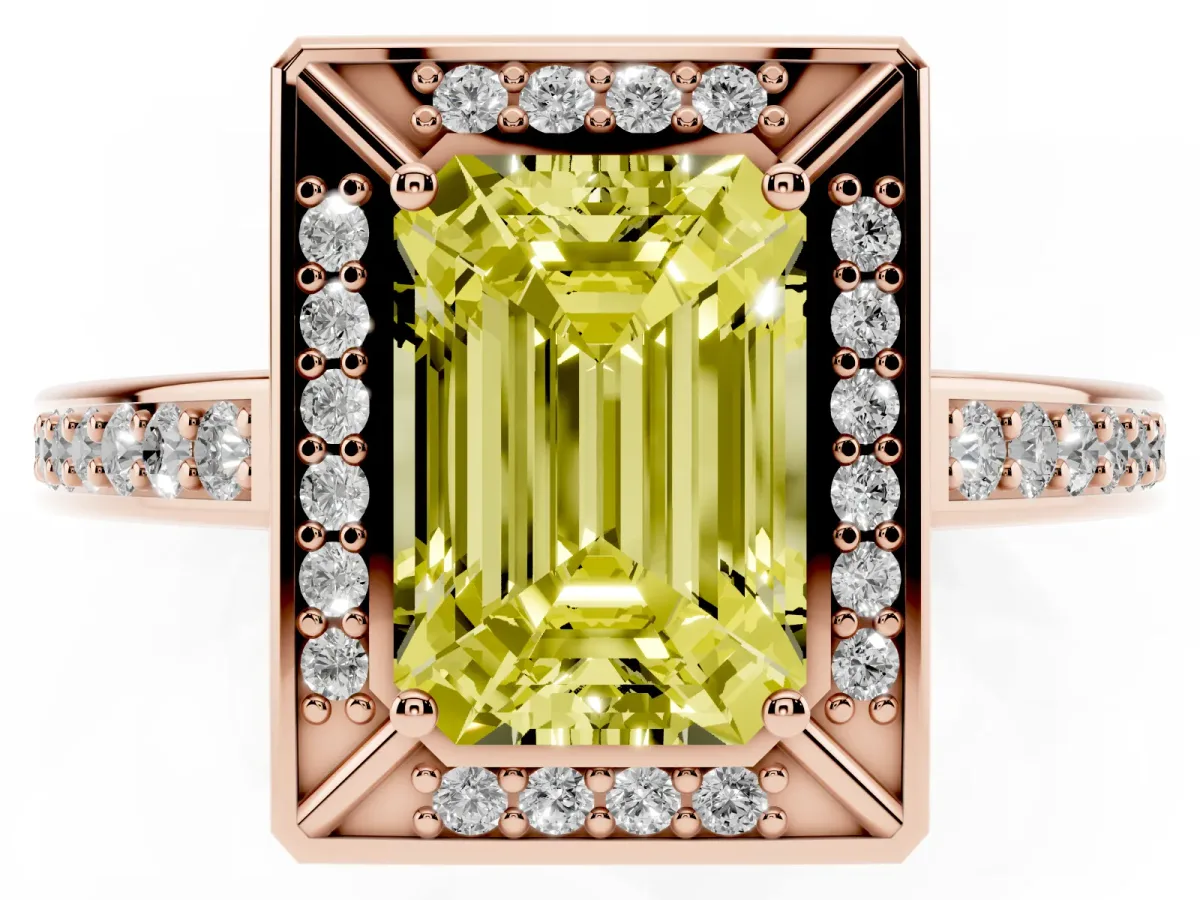 Fancy Yellow Emerald Cut Cut Halo Pave Split Shank Prong Setting Ring Rose gold