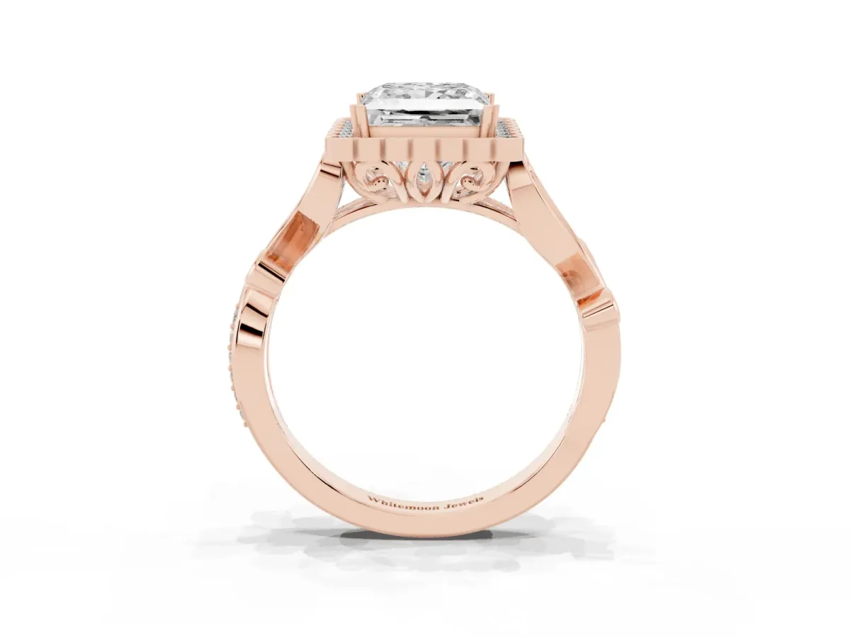 Princess Cut Diamond Halo Ring with Vintage Split Shank and Four-Prong Setting Rose gold
