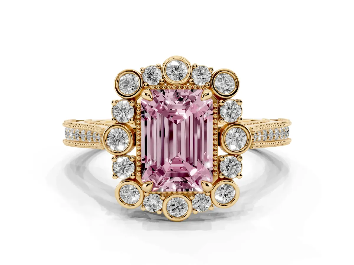Fancy Pink Emerald Cut Halo Milgrain Pave Diamond Ring with Four-Prong Setting Yellow gold