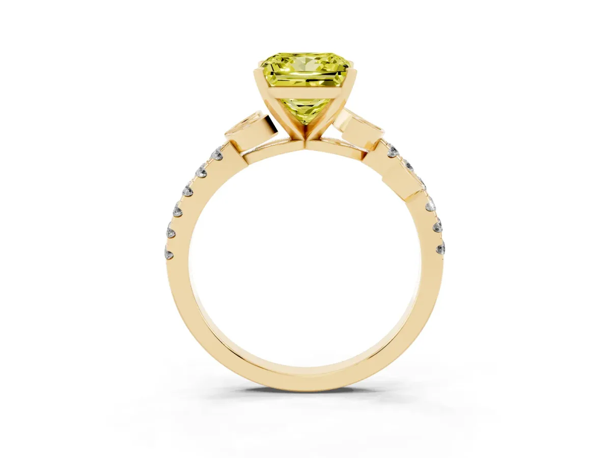 Fancy Yellow Princess Cut Solitaire Leaf-Inspired Diamond Ring with Pavé Band and Four-Prong Setting Yellow gold
