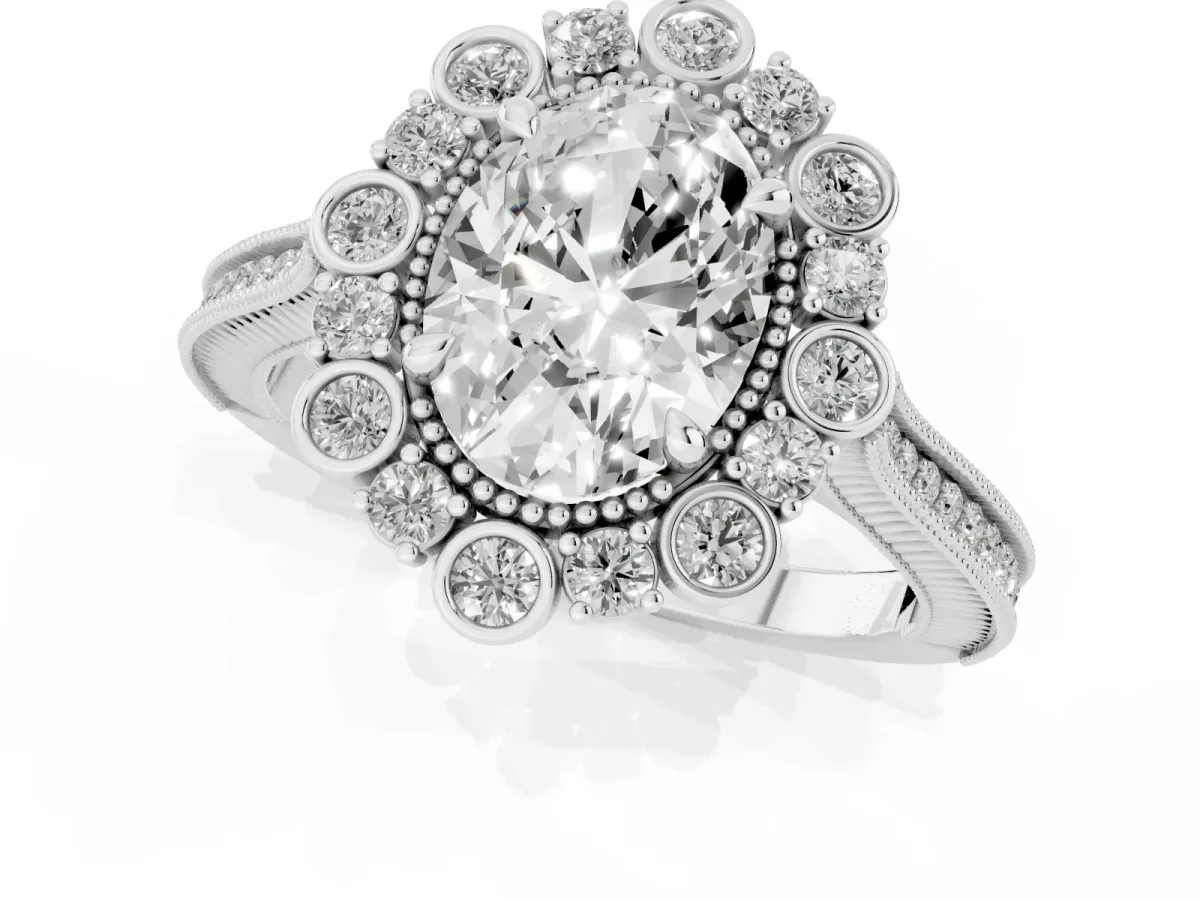 Oval Cut Halo Milgrain Pave Diamond Ring with Four-Prong Setting Silver