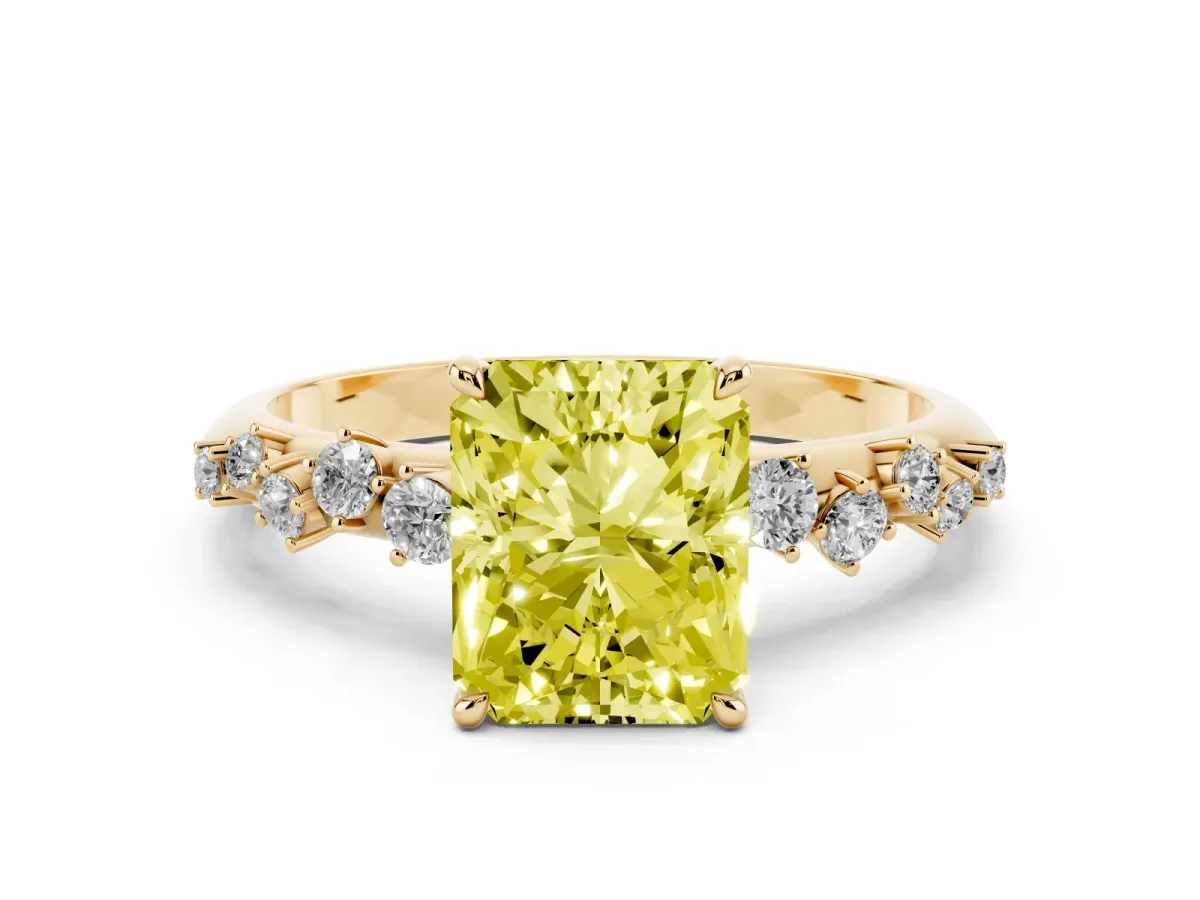 Fancy Yellow Radiant Cut Diamond Cluster Side Stone Solitaire Ring with Prong Setting Yellow gold