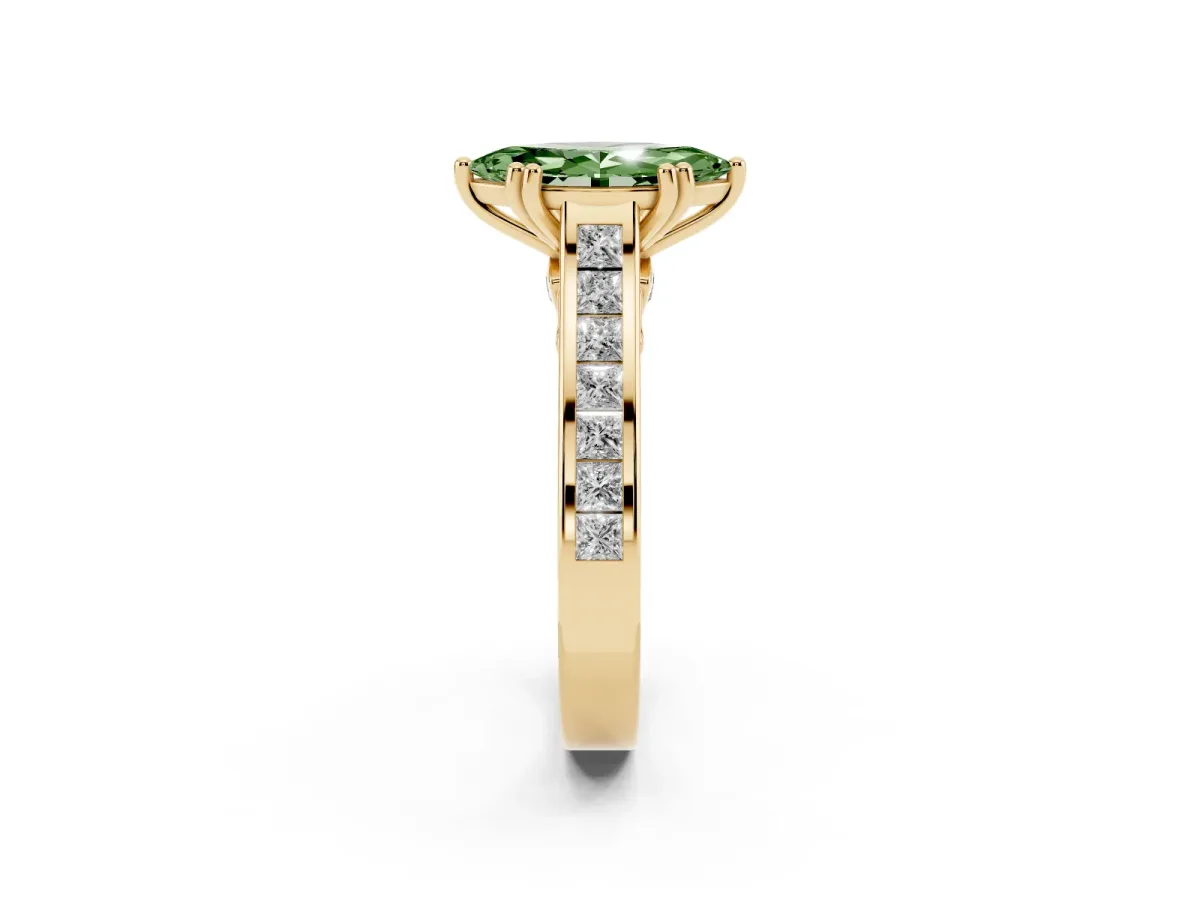 Fancy Green Marquise Cut Cut Channel Set Solitaire Engagement Ring with Prong Setting Yellow gold