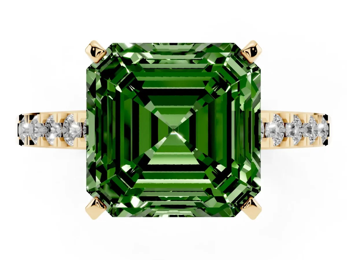 Fancy Green Asscher Cut Diamond Solitaire Ring with Crossover Gallery and Round Pavé Band Yellow gold