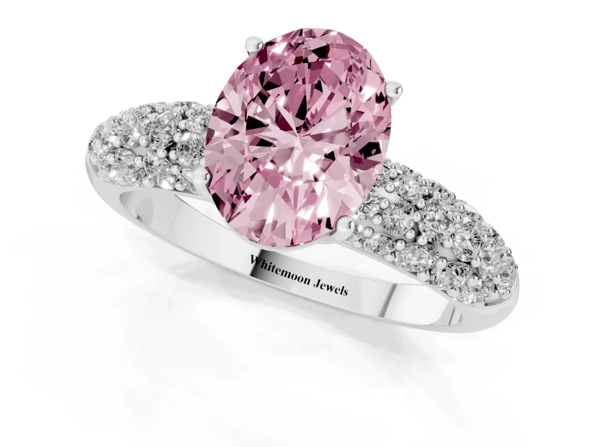 Fancy Pink Oval Cut Diamond Pavé Band Solitaire Ring with Four-Prong Setting White gold