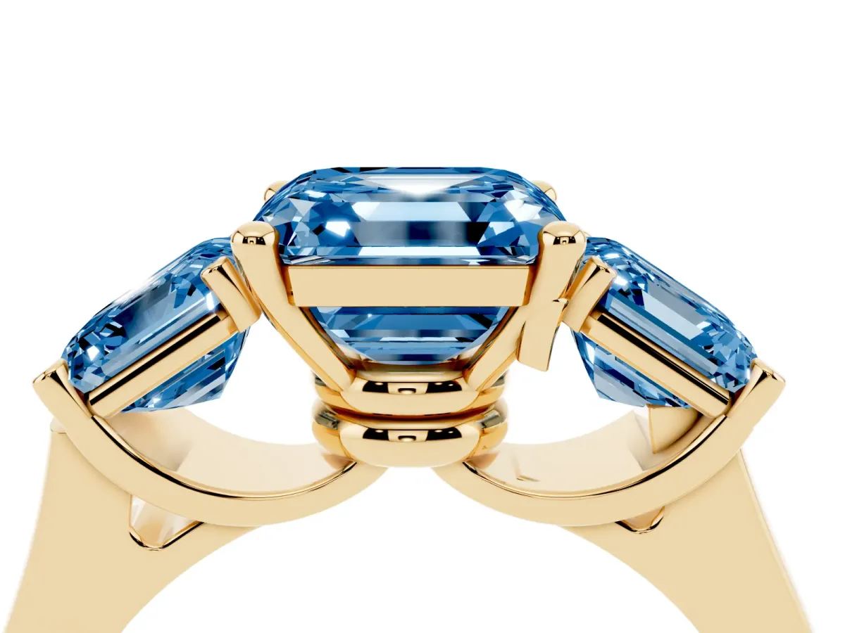 Fancy Blue Three-Stone Asscher Cut Brilliant Diamond Trellis Ring with Comfort Fit Band Yellow gold