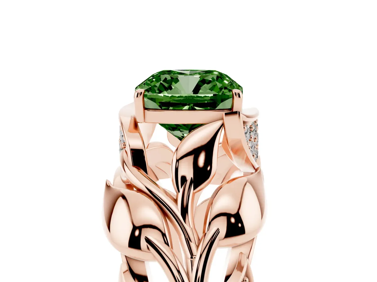 Fancy Green Cushion Cut Diamond Leaf-Inspired Engagement Ring with Round Accents and Prong Setting Rose gold