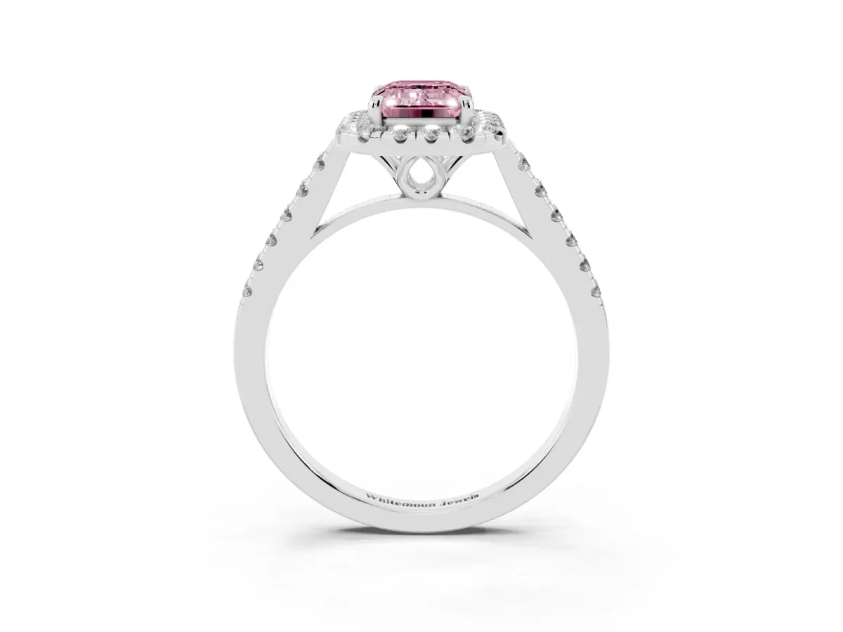 Fancy Pink Emerald Cut Halo Pavé Diamond Engagement Ring with Four-Prong Setting Silver