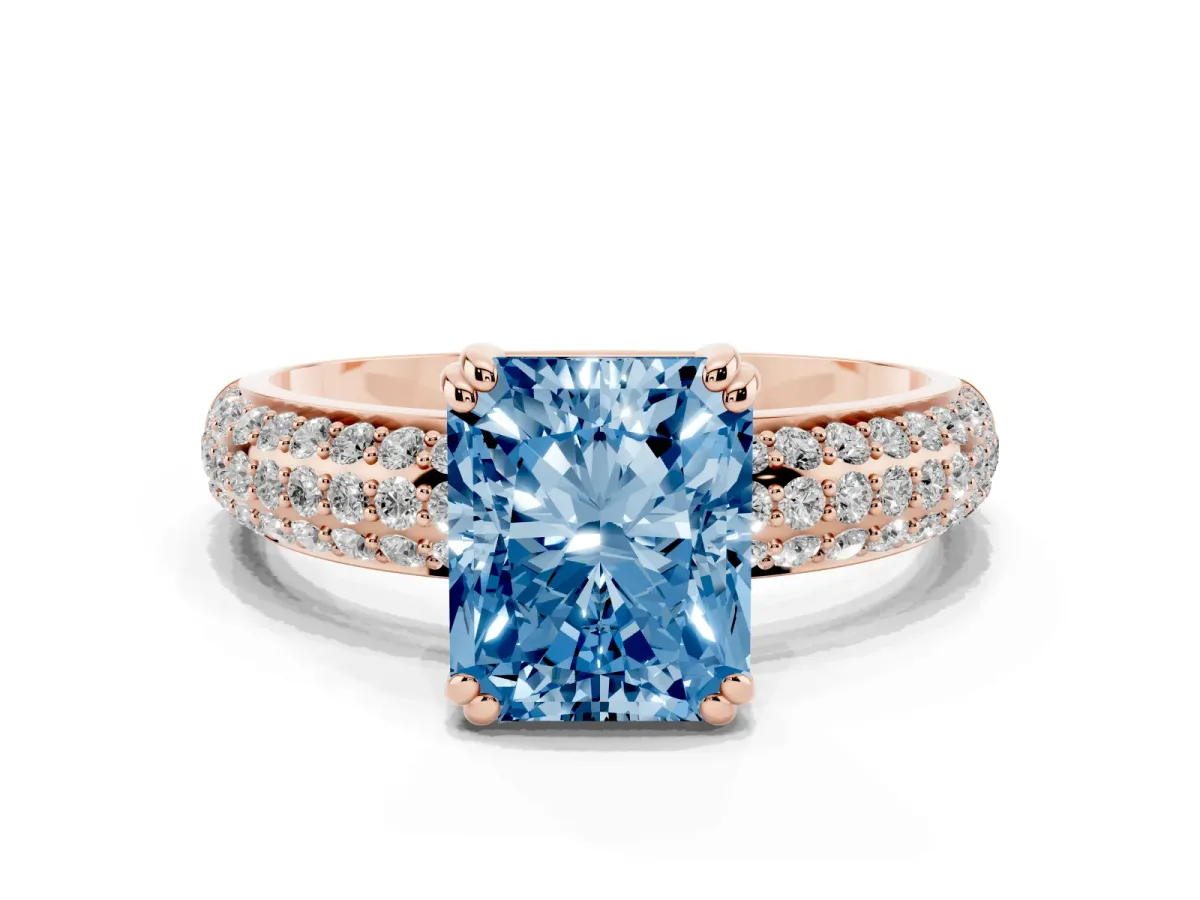 Fancy Blue Radiant Cut Diamond Solitaire Ring with Multi-Row Round Pavé Band and Prong Setting Rose gold