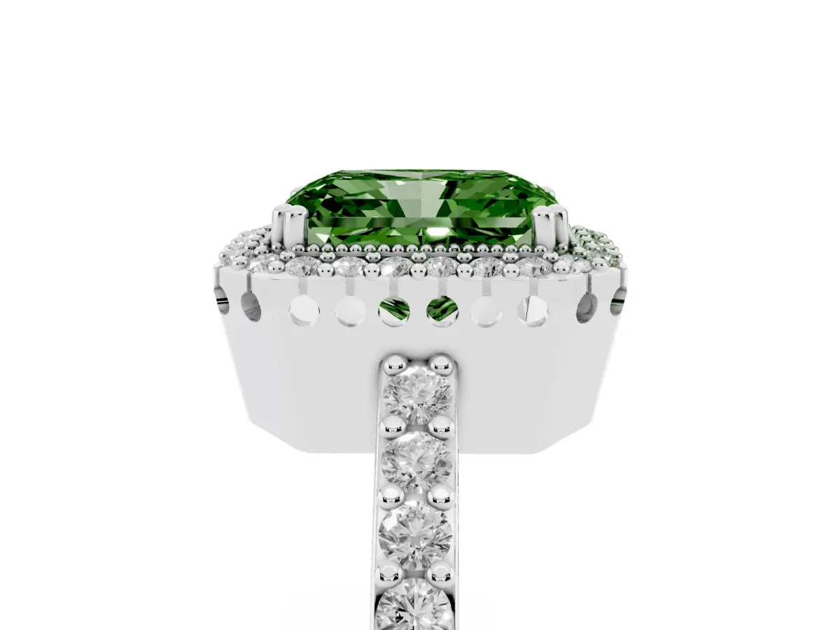 Fancy Green Radiant Cut Cut Diamond Halo Engagement Ring with Milgrain Detail and Pavé Band Silver