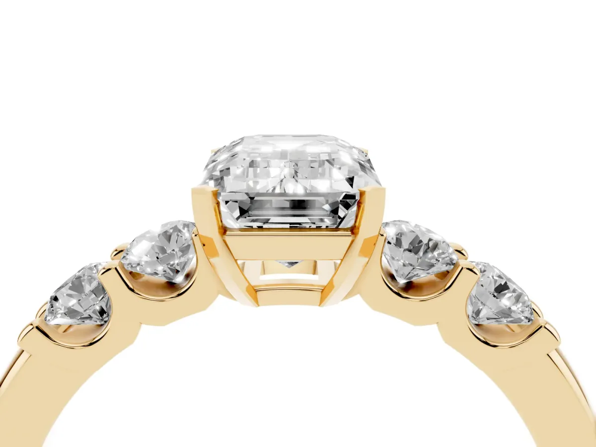 Emerald Cut Brilliant Cut Diamond Five-Stone Prong Set Engagement Ring with Channel Band Yellow gold
