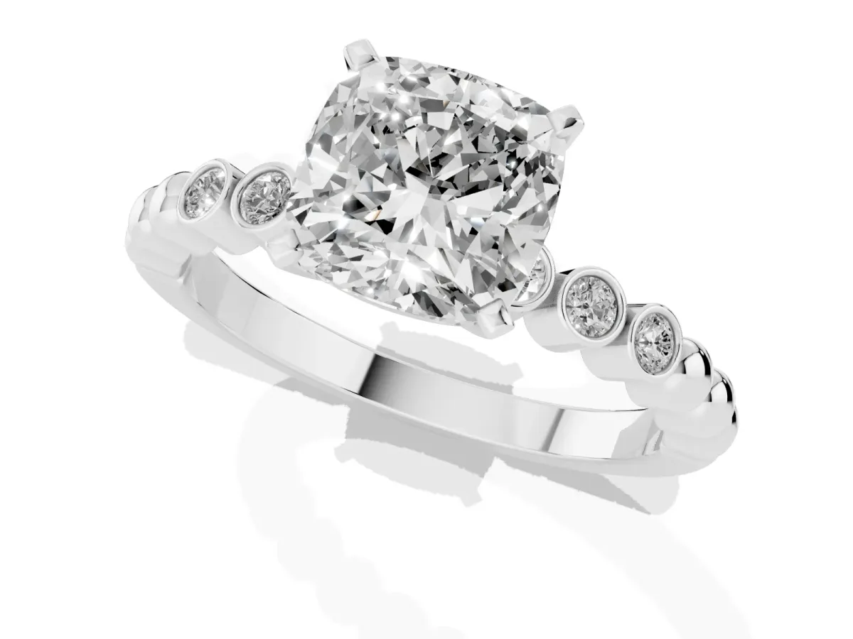 Cushion Cut Solitaire Bezel Accent Diamond Engagement Ring with Beaded Band and Four-Prong Setting Silver