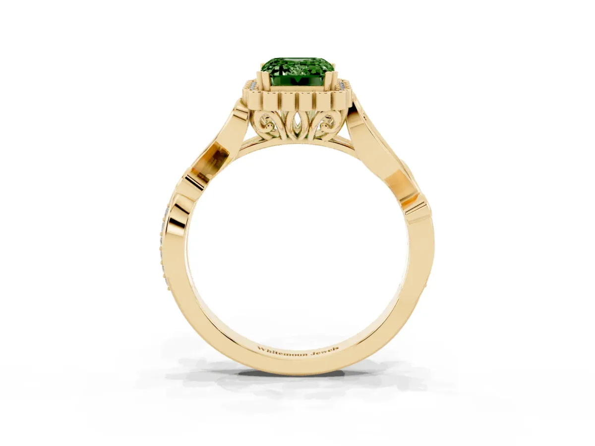 Fancy Green Emerald Cut Diamond Halo Ring with Vintage Split Shank and Four-Prong Setting Yellow gold