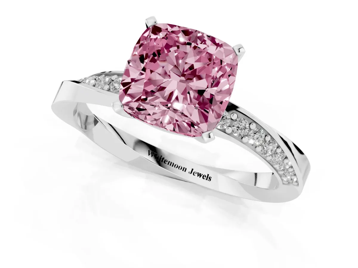 Fancy Pink Cushion Cut Diamond Engagement Ring with Side Stone Accents and Four-Prong Setting Platinum