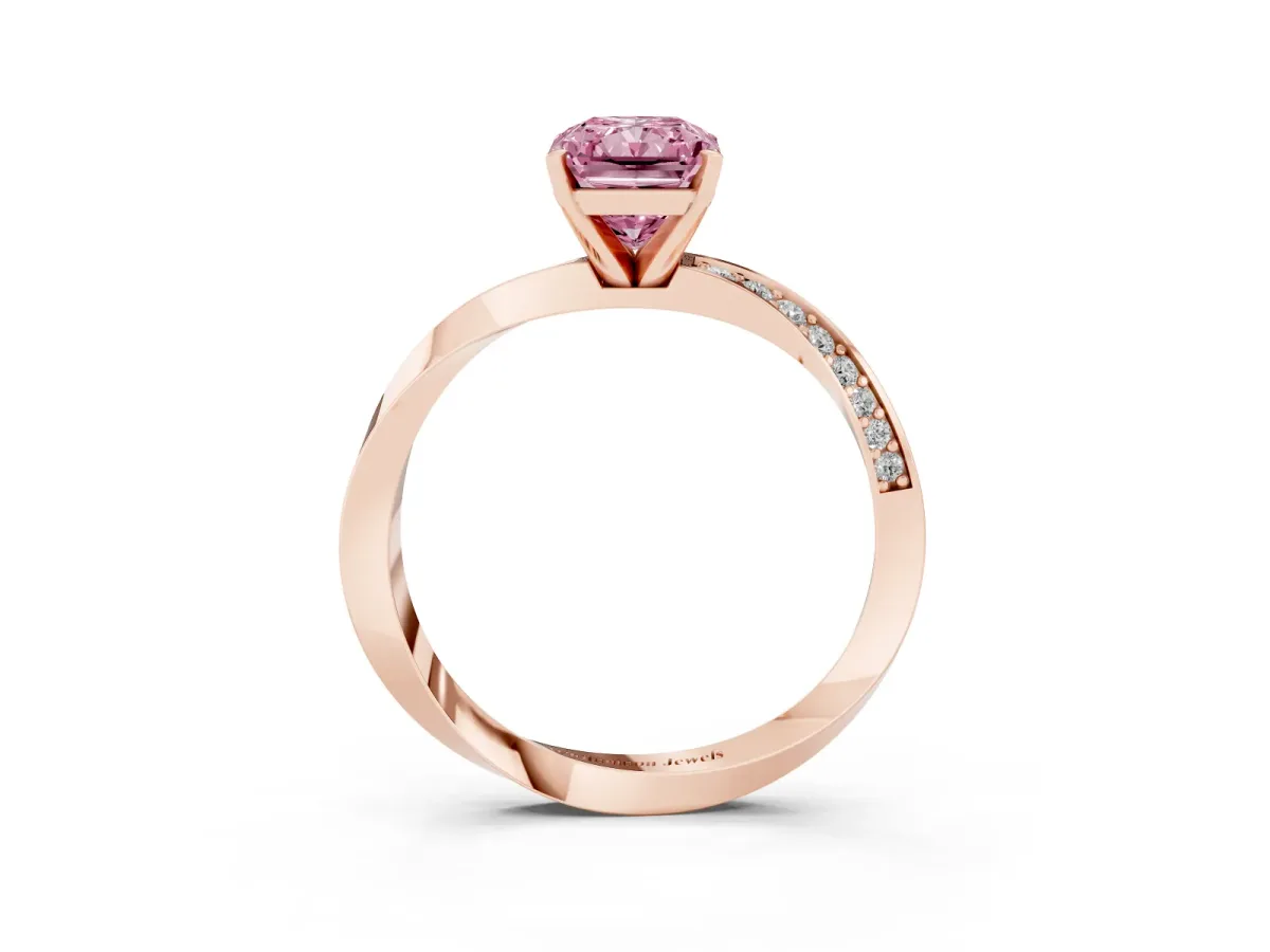 Fancy Pink Radiant Cut Diamond Engagement Ring with Side Stone Accents and Four-Prong Setting Rose gold