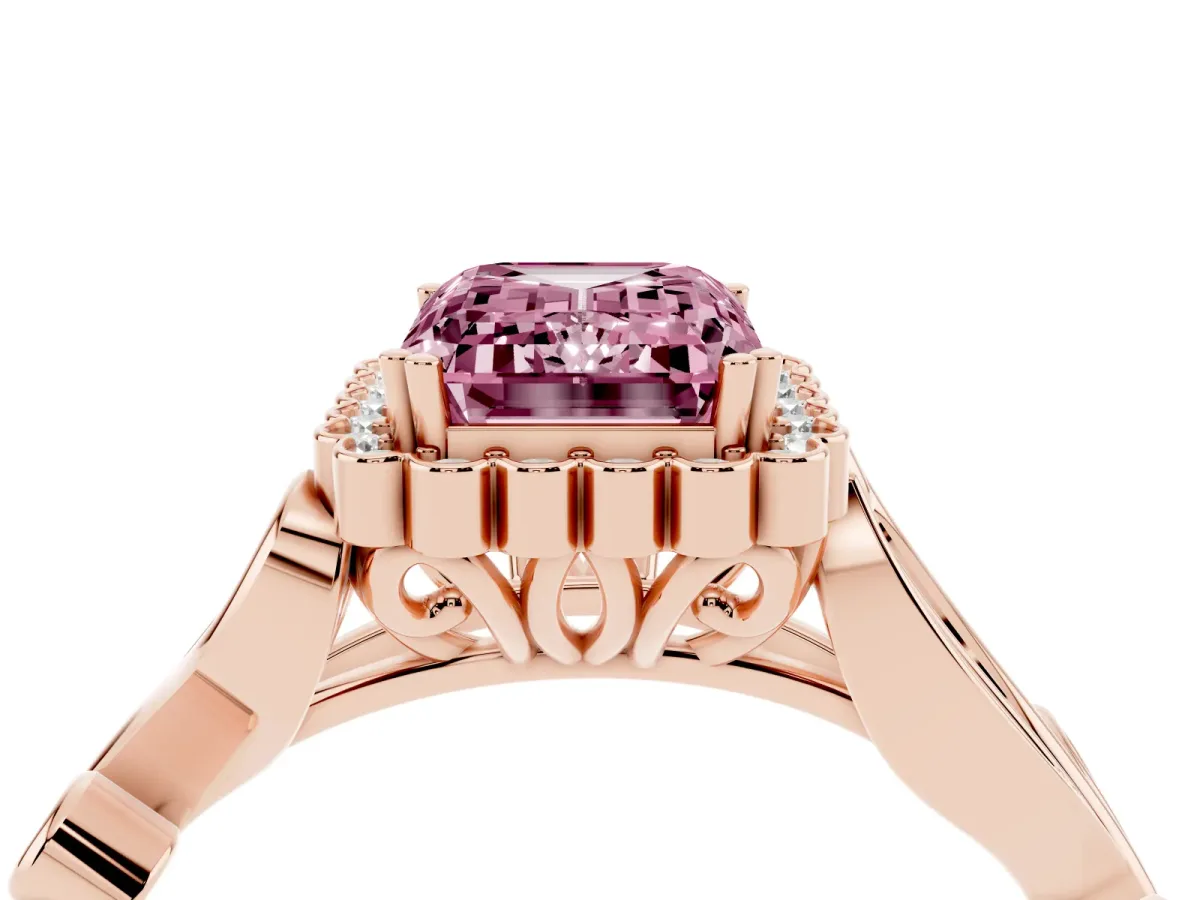 Fancy Pink Emerald Cut Diamond Halo Ring with Vintage Split Shank and Four-Prong Setting Rose gold