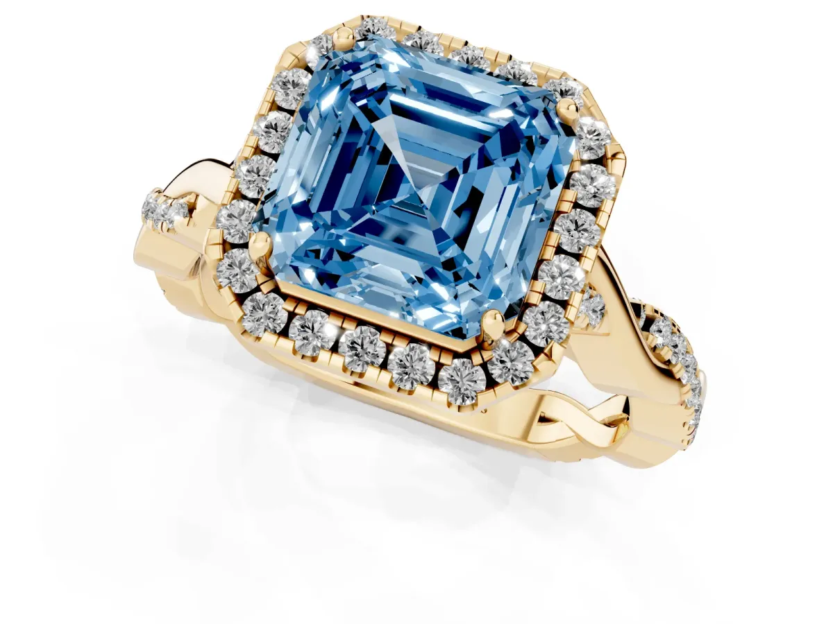Fancy Blue Asscher Cut Halo Twist Band Solitaire Ring Yellow gold
