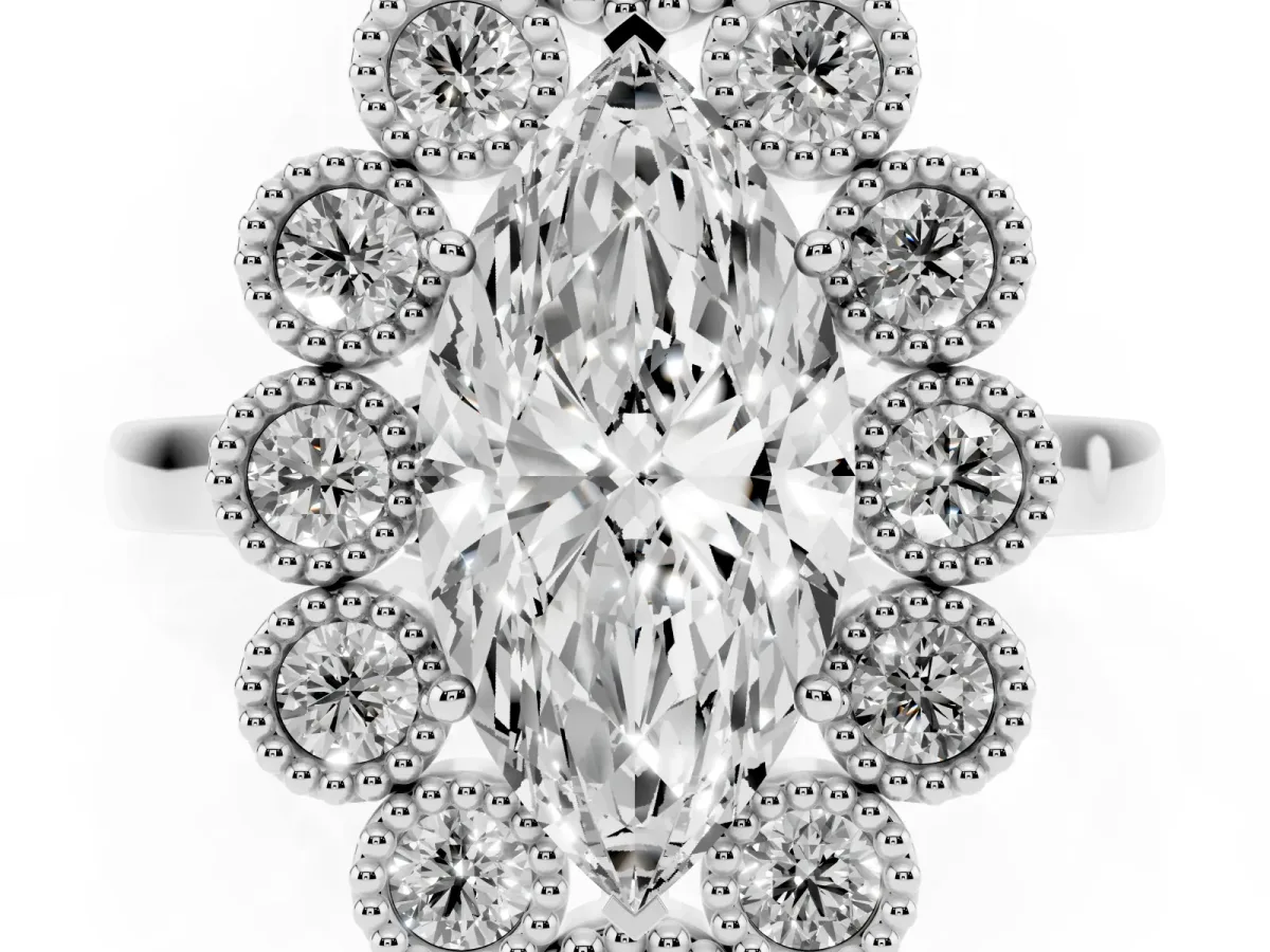 Marquise Cut Halo Diamond Cluster Engagement Ring with Milgrain Bezel Setting and Solitaire Band White gold
