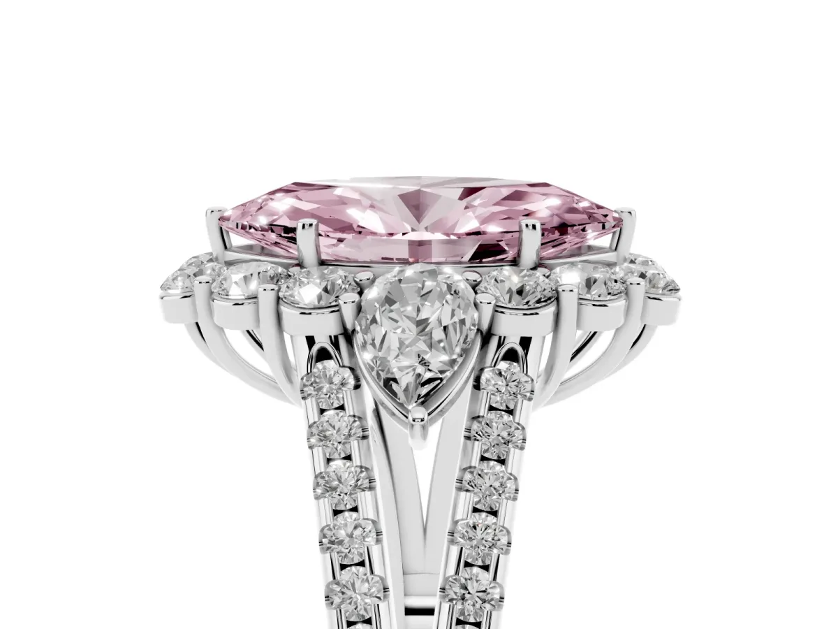 Fancy Pink Marquise Cut Halo Split Shank Diamond Engagement Ring with Prong Setting Silver