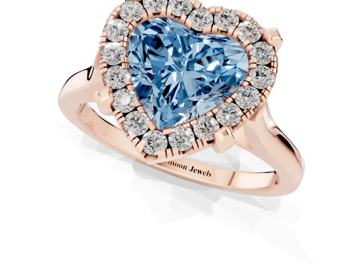 Fancy Blue Heart Cut Diamond Cluster Halo Solitaire with Four-Prong Setting Rose gold