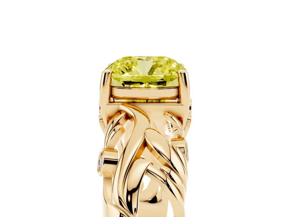 Fancy Yellow Cushion Cut Solitaire Diamond Leaf-Inspired Vine Band Ring with Prong Setting Yellow gold
