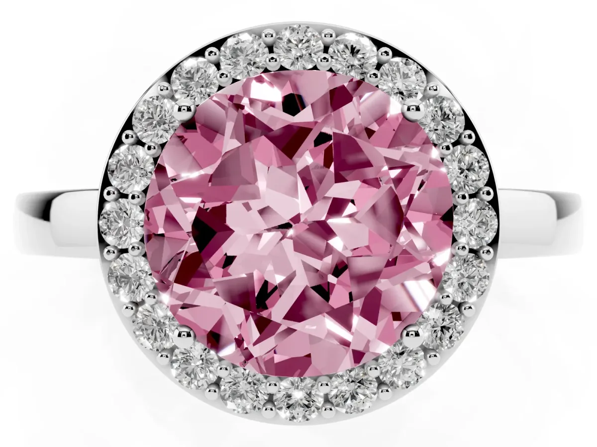 Fancy Pink Round Cut Halo Diamond Ring with Solitaire Band and Prong Setting Platinum