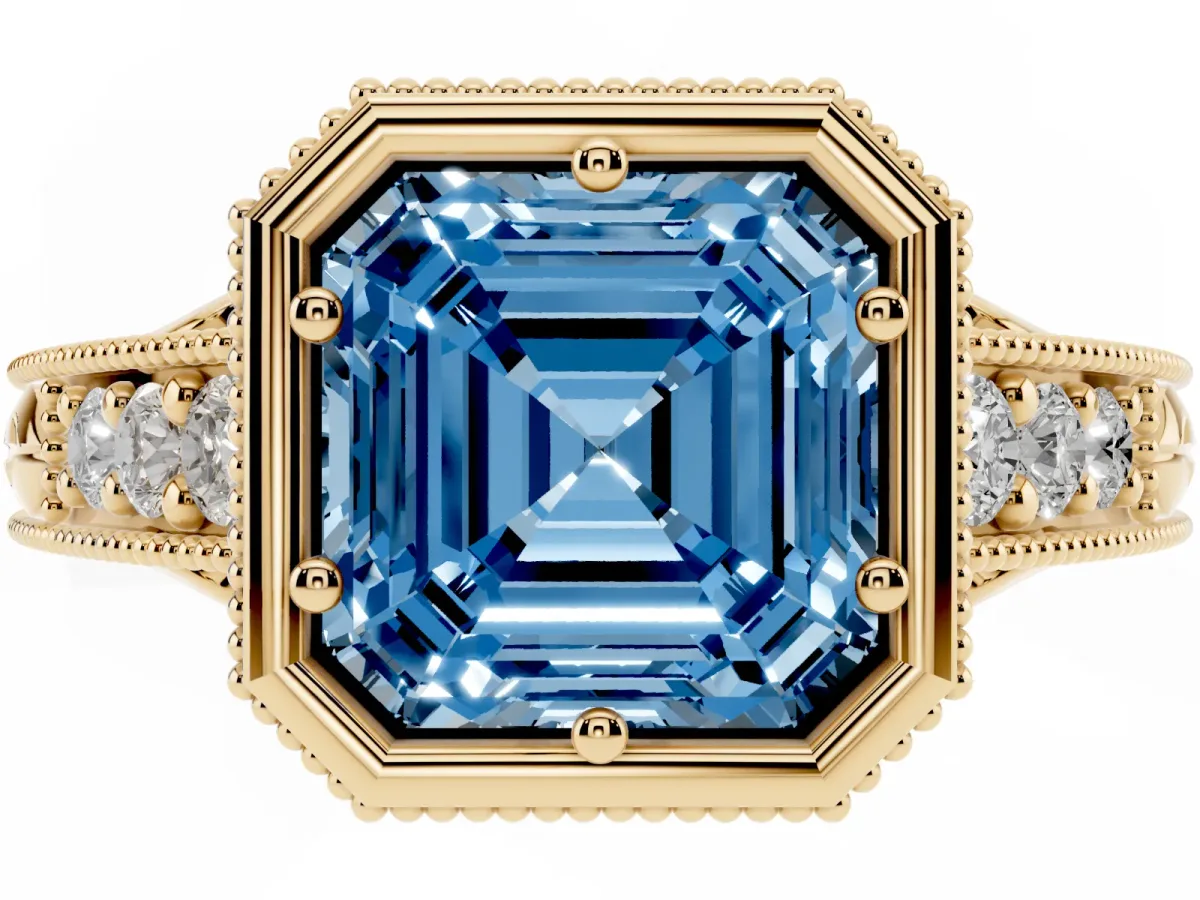 Fancy Blue Bezel Set Asscher Cut Diamond Milgrain Pave Engagement Ring Yellow gold