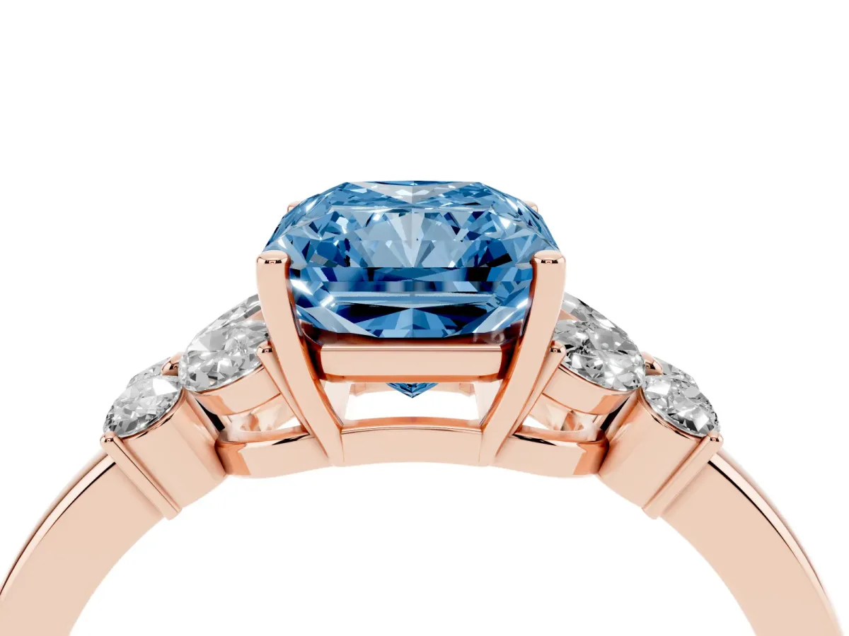Fancy Blue Radiant Cut Cut Solitaire Floral Diamond Ring with Four-Prong Setting Rose gold