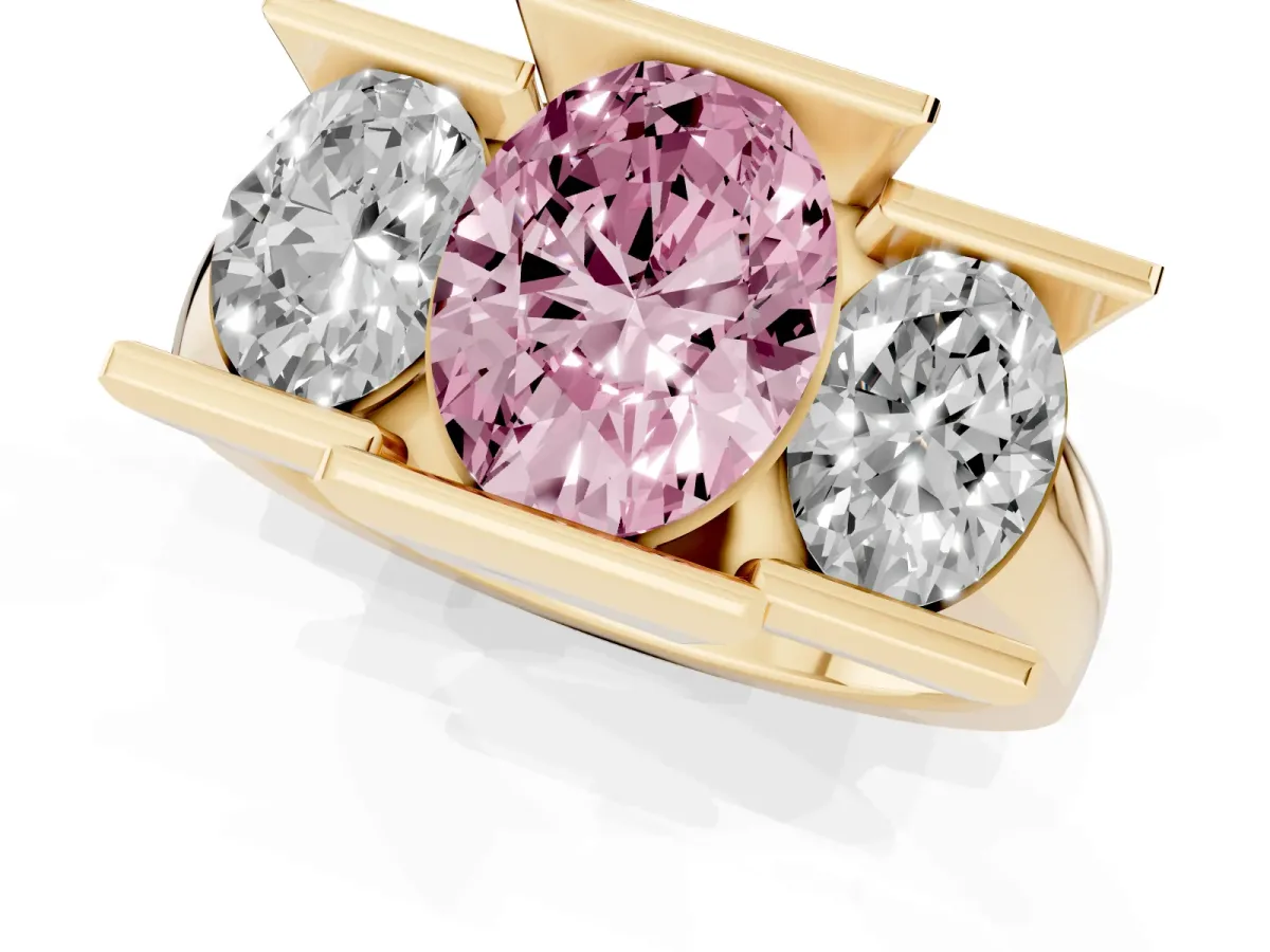 Fancy Pink Three Stone Oval Cut Cut Channel Set Diamond Ring Yellow gold