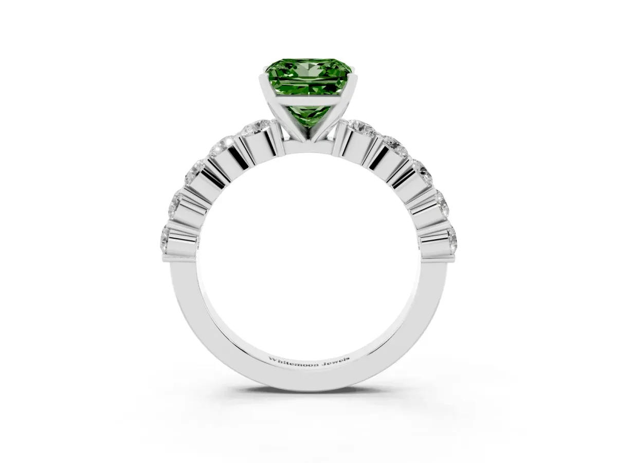 Fancy Green Princess Cut Diamond Solitaire Ring with Shared Prong Round Side Stones Platinum