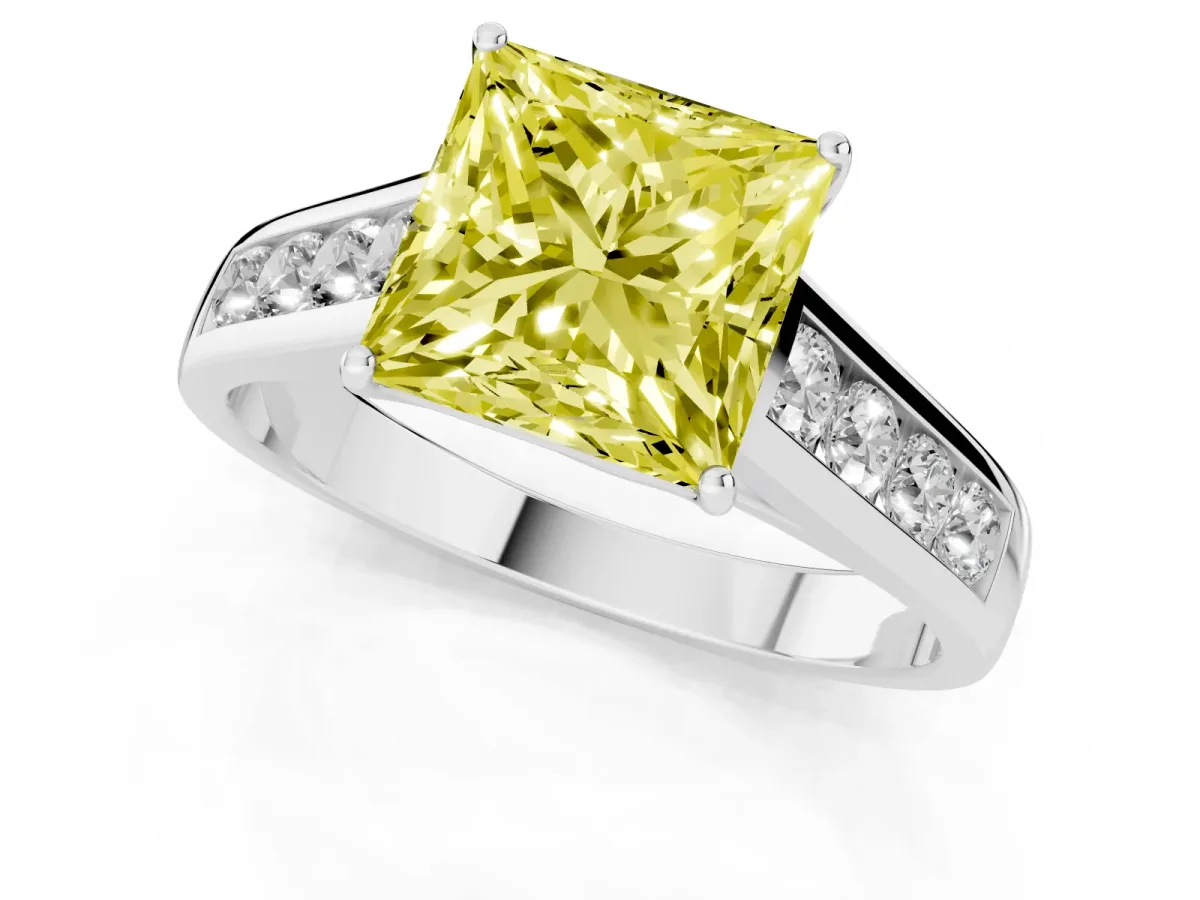 Fancy Yellow Princess Cut Solitaire Channel-Set Diamond Engagement Ring with Four-Prong Setting Silver