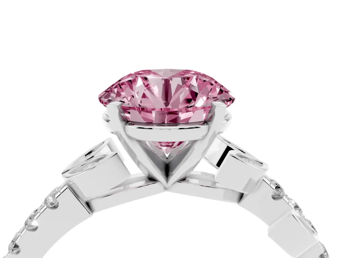 Fancy Pink Round Cut Solitaire Leaf-Inspired Diamond Ring with Pavé Band and Four-Prong Setting Silver