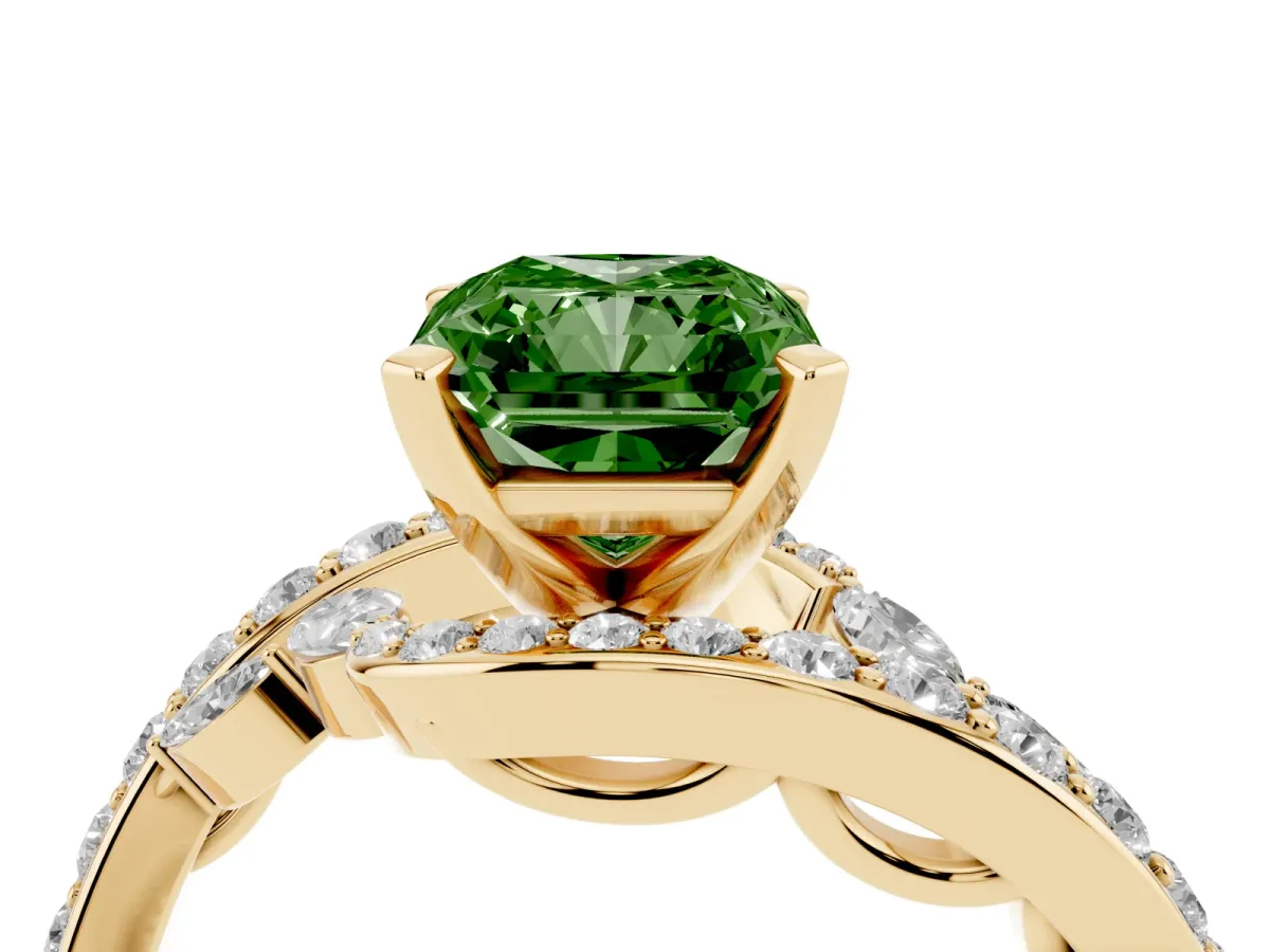 Fancy Green Radiant Cut Solitaire with Pavé Twist Band and Four-Prong Setting Yellow gold