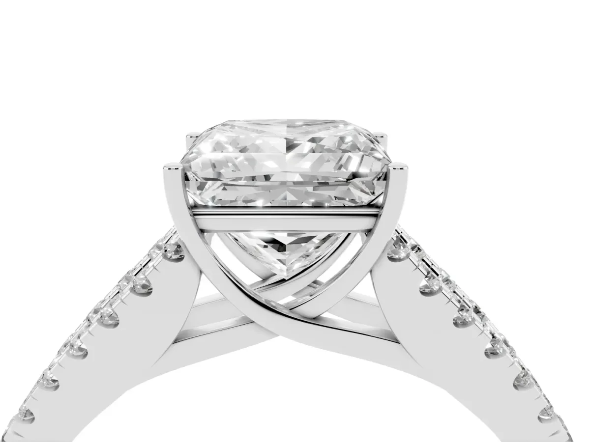 Princess Cut Diamond Split Shank Pavé Engagement Ring with Four-Prong Setting White gold