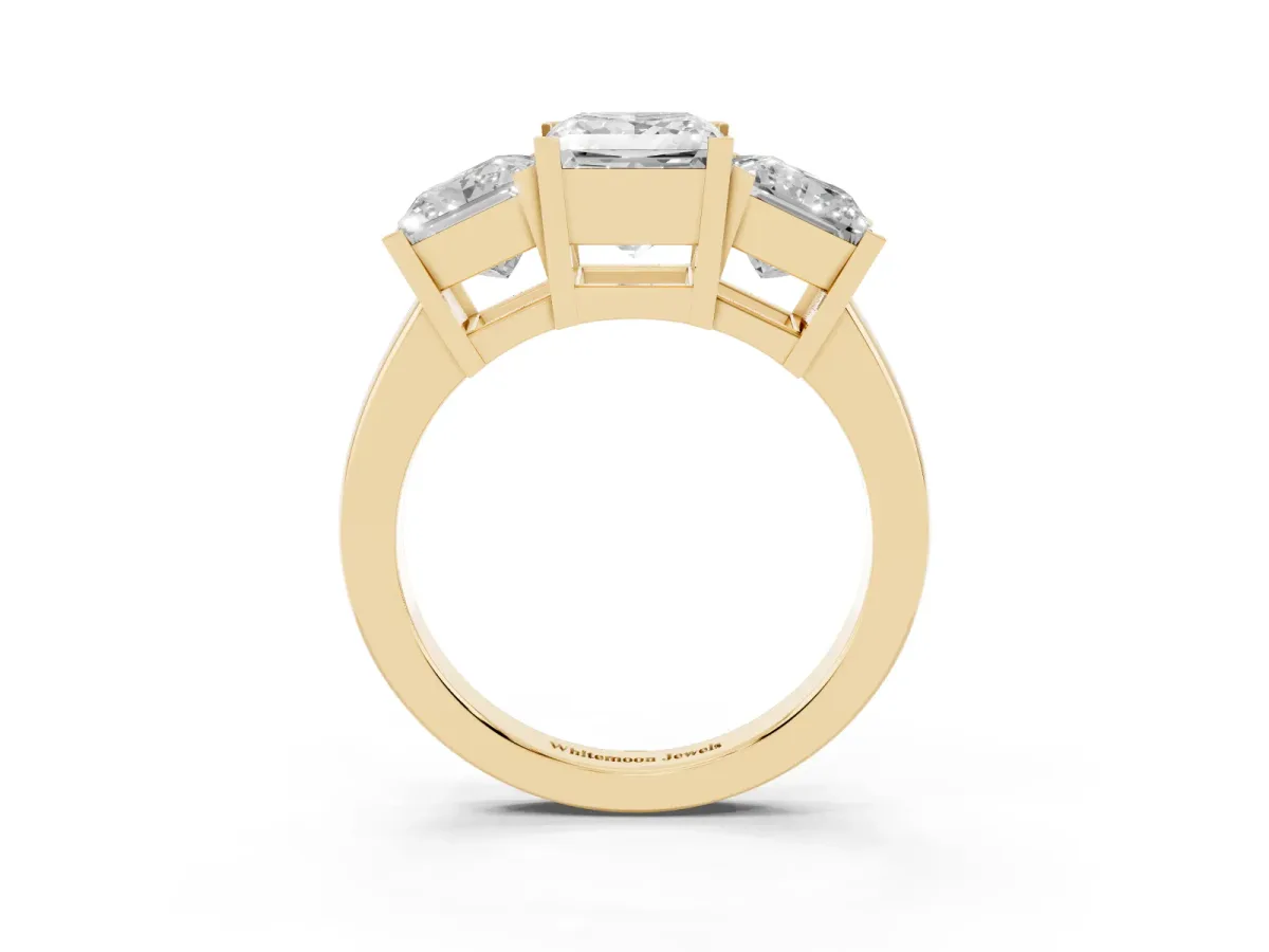Three-Stone Princess Cut Cut Diamond Ring with Channel Set Band and Four-Prong Setting Yellow gold