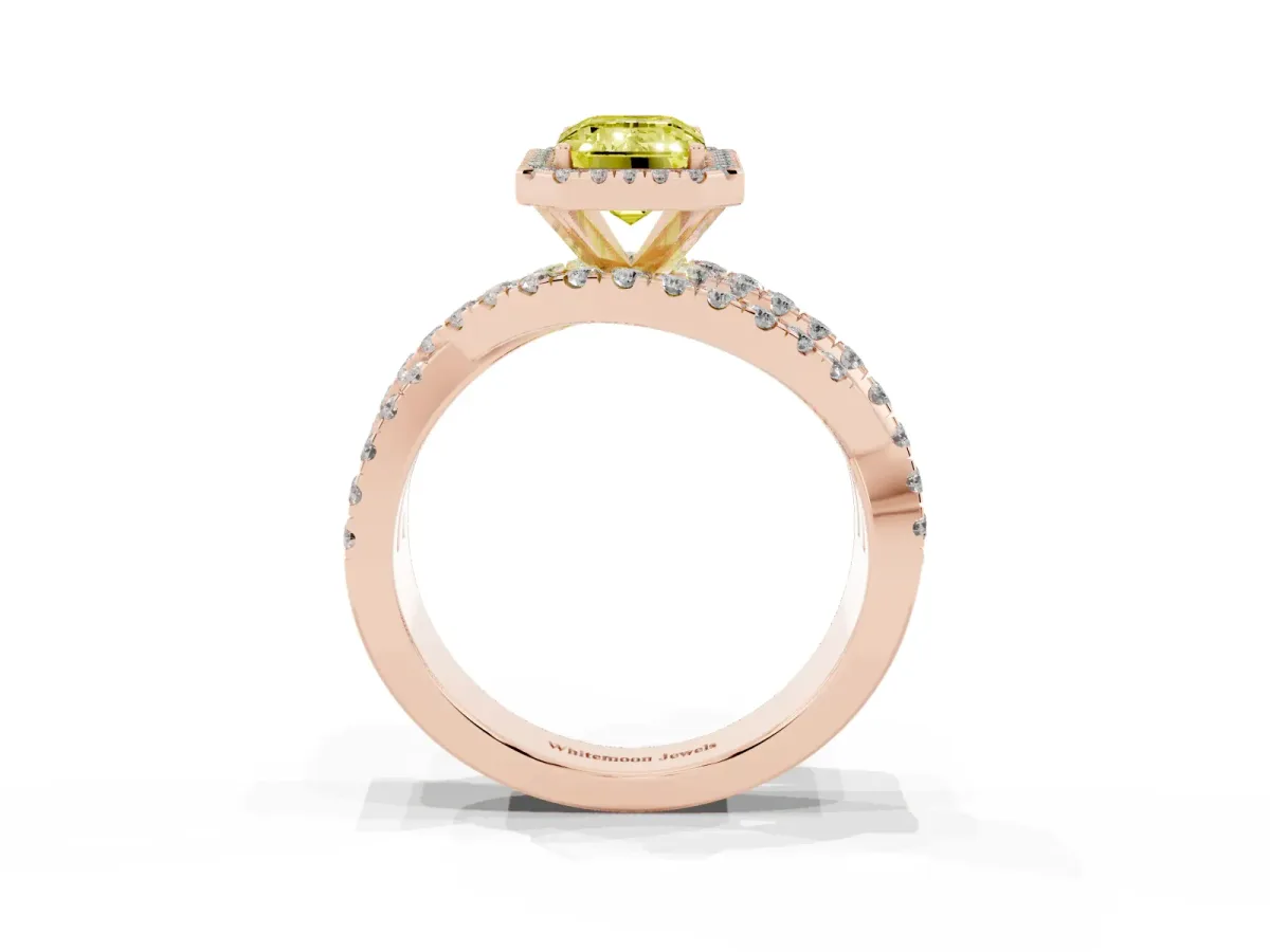 Fancy Yellow Emerald Cut Diamond Halo Ring with Round Split Shank and Prong Setting Rose gold