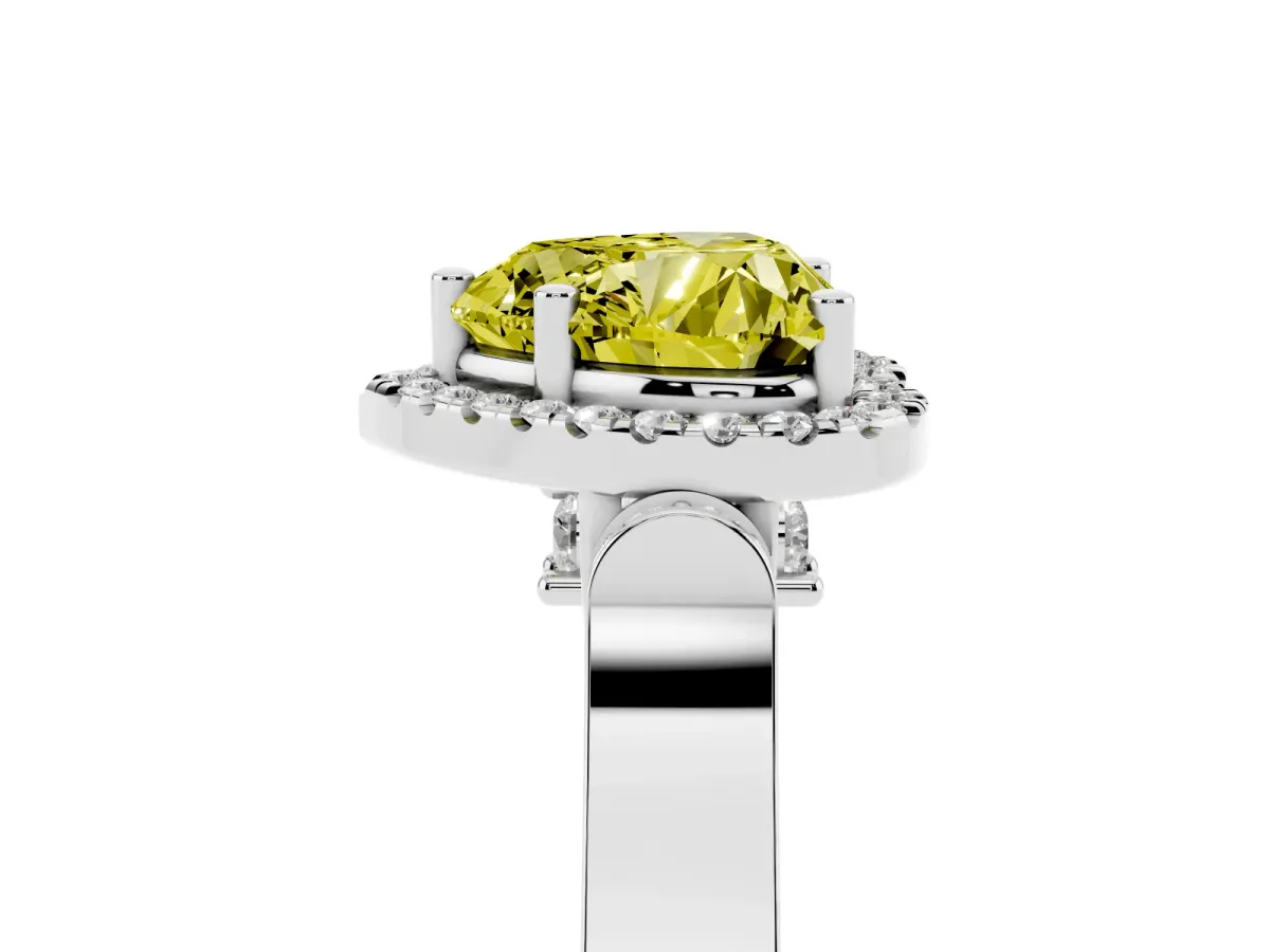 Fancy Yellow Heart Cut Halo Round Diamond Twist Band with Four-Prong Setting Platinum