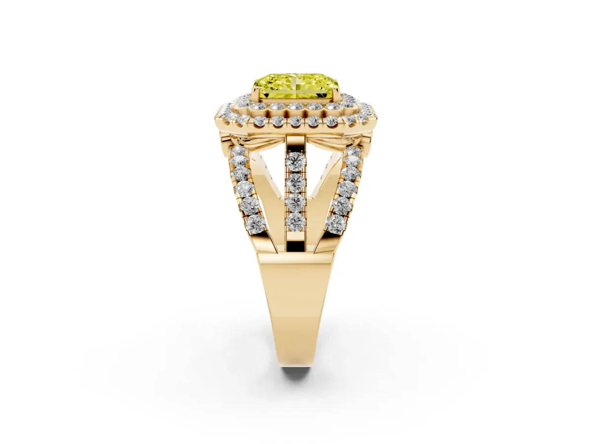 Fancy Yellow Radiant Cut Diamond Double Halo Ring with Round Pavé Split Shank and Prong Setting Yellow gold