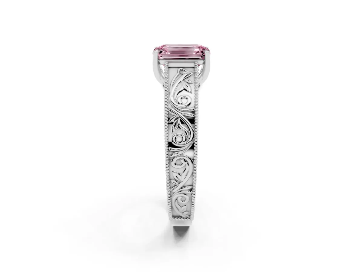 Fancy Pink Emerald Cut Diamond Solitaire Ring with Engraved Band and Four-Prong Setting Platinum