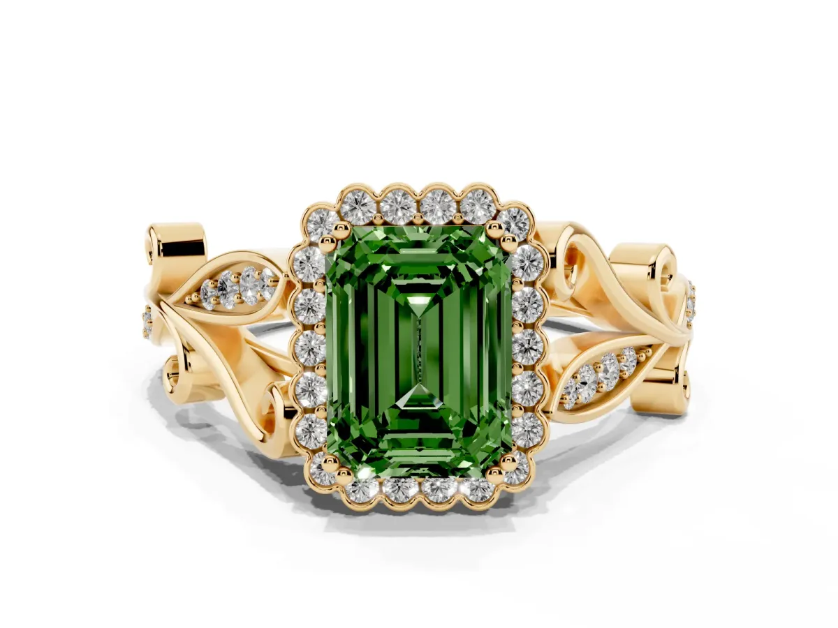 Fancy Green Emerald Cut Diamond Halo Ring with Vintage Split Shank and Four-Prong Setting Yellow gold