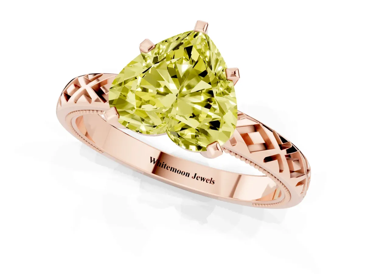 Fancy Yellow Heart Cut Solitaire Diamond Ring with Milgrain and Black Enamel X Pattern Band Rose gold