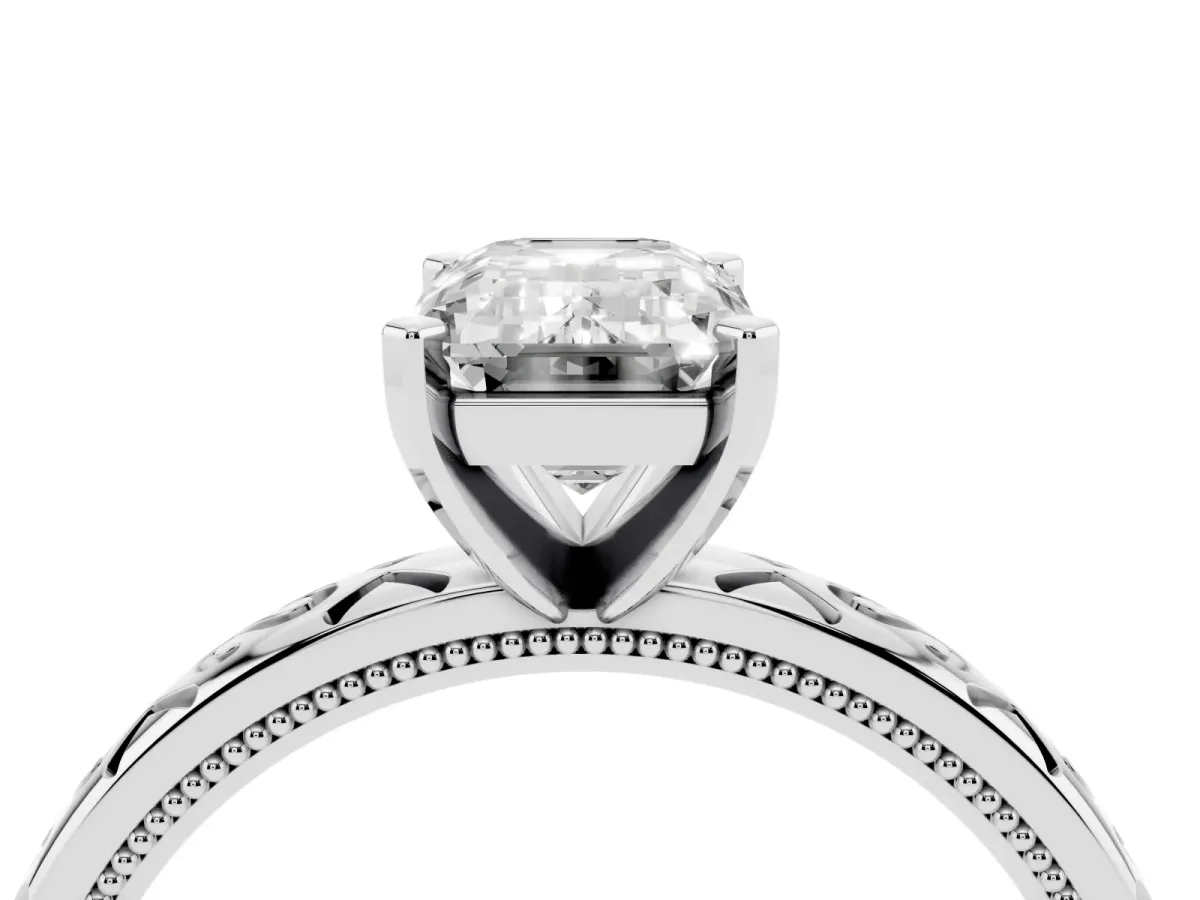 Emerald Cut Solitaire Engagement Ring with Scrollwork Band and Four-Prong Setting Platinum