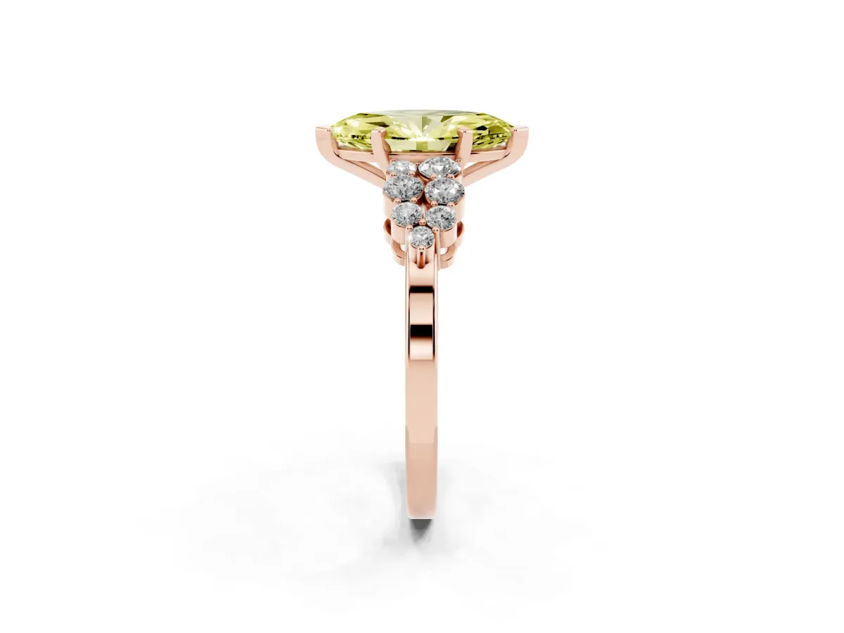 Fancy Yellow Marquise Cut Cluster Diamond Engagement Ring with Pavé Band and Four-Prong Setting Rose gold