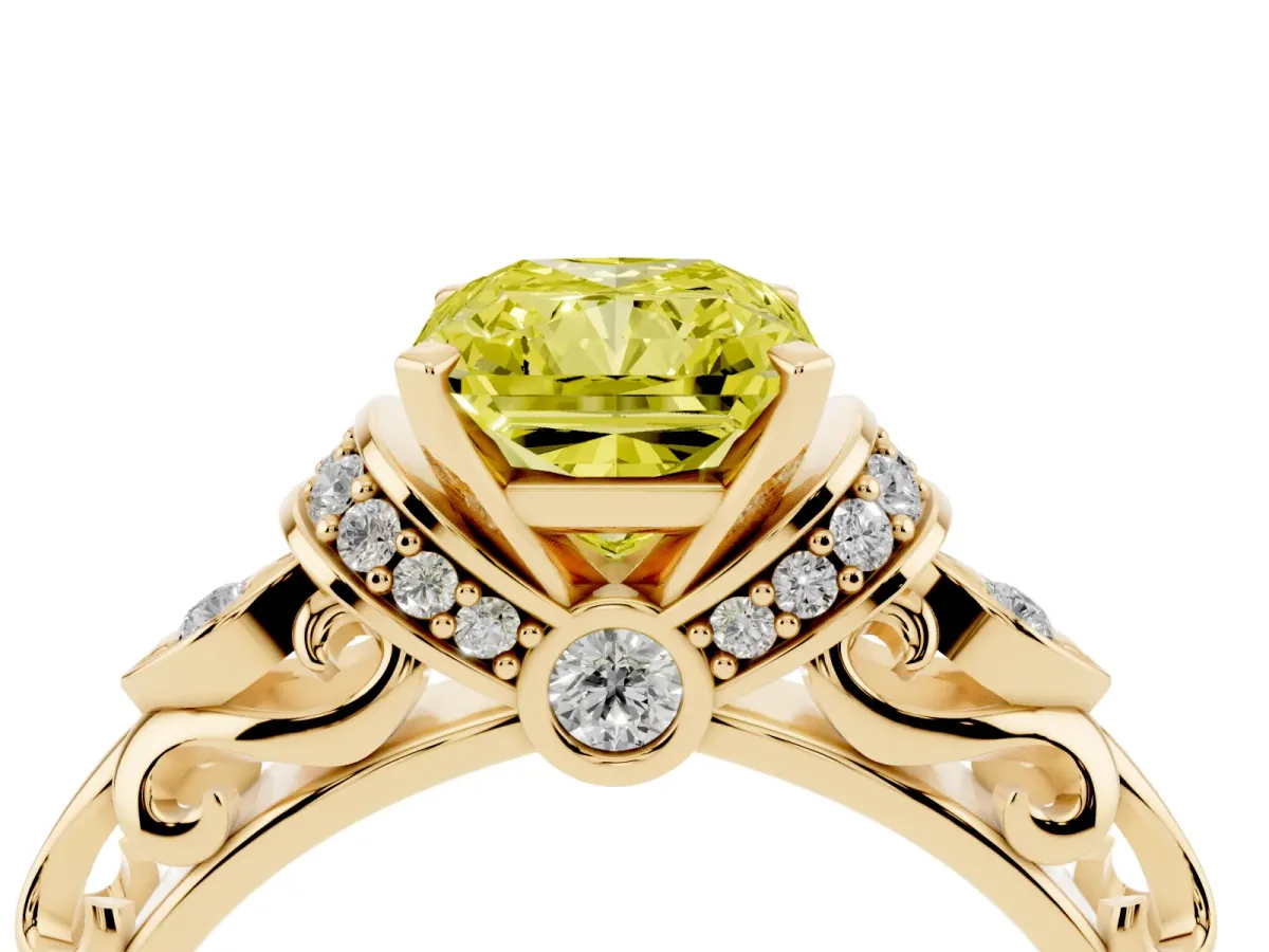 Fancy Yellow Radiant Cut Diamond Solitaire Ring with Filigree Band and Four-Prong Setting Yellow gold