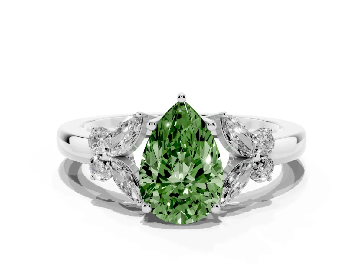 Fancy Green Pear Cut Cut Solitaire Floral Diamond Ring with Four-Prong Setting Silver